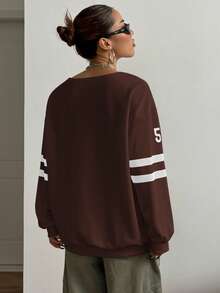 SHEIN HypeZone 女式运动街头撞色数字针织运动衫 - 咖啡棕 - 查看 2