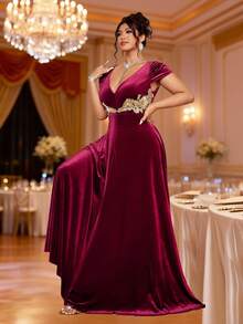 Cravure Váy dự tiệc nhung cỡ lớn cho nữ, cổ chữ V, viền xếp nếp sequin, váy dự tiệc cao cấp sang trọng - Màu Đỏ Sâu - Xem 4