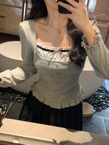 DAZY 女士休闲撞色蝴蝶结短袖T恤 长袖女款 - 灰色 - 查看 2