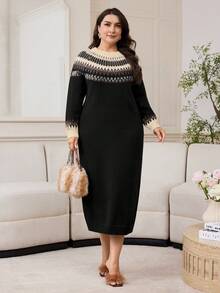 Modelyn Plus Size Casual Geometric Pattern Knit Dress, Autumn/Winter - Black - View 3