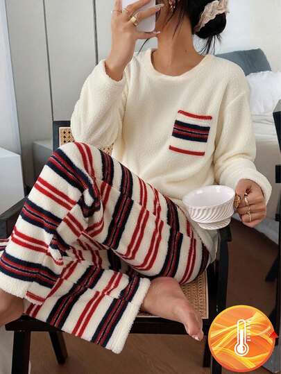 1 Set Merry Christmas Teen GirlPajamas, Featuring Ribbed Collar Long Sleeve Soft Fleece Top With Chest Pocket, And Striped Stretchy Knit Fabric Comfortable Fit Pants, Suitable For  Fall&Winter Long Sleeve Pajama Set Striped Pajama Set