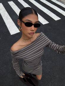 Muchica Women's Off-Shoulder Long Sleeve Fitted Striped Dress