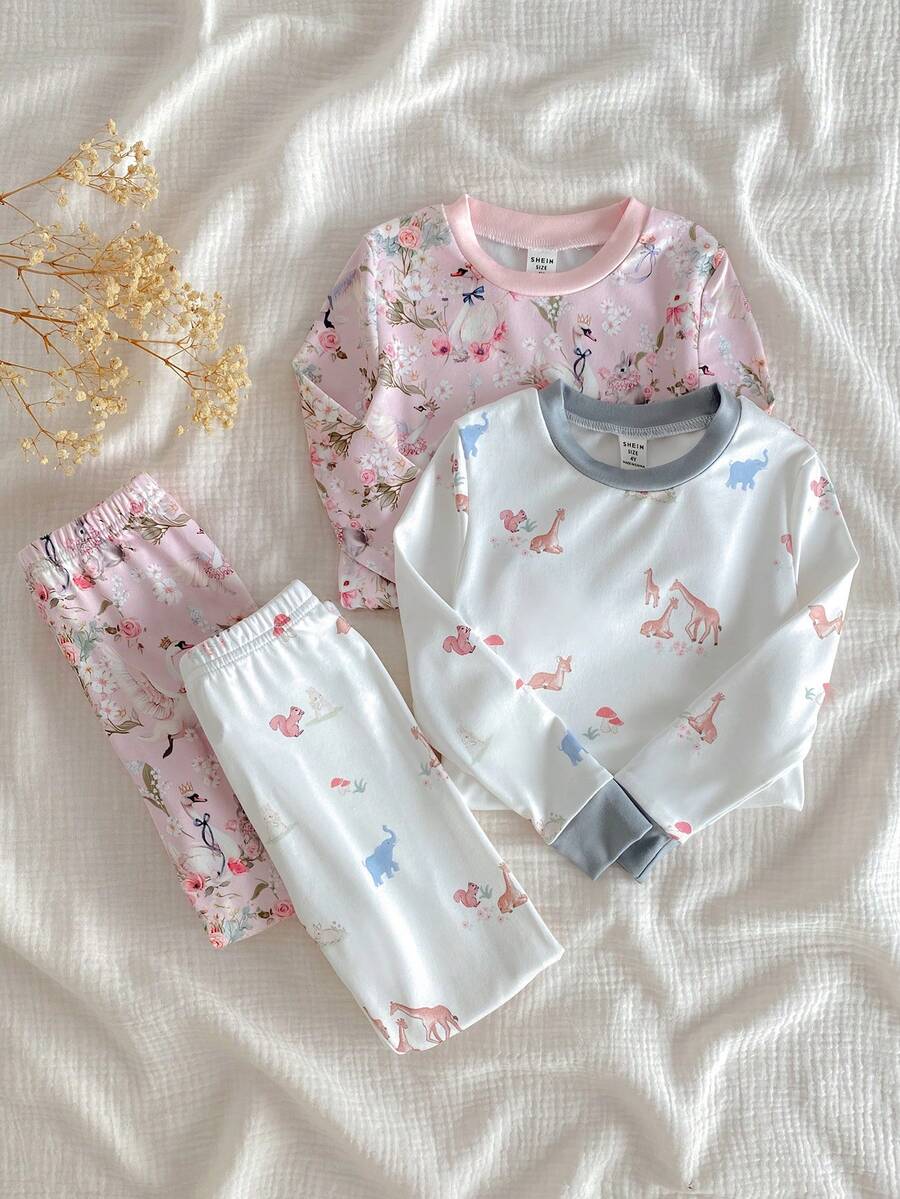 SHEIN Vintaside Kids 4件套女童可爱天鹅花卉印花撞色长袖上衣和打底裤睡衣套装 - 彩色 - 查看 1