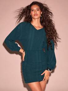 Calvaya Elegant Solid Color Fitted Mini Dress, Suitable For Commuting Teal Dress Long Sleeve Dress Shirred Dress Ruched Bodycon Dress Long Sleeve Teal Dress Sweater Dresses - Blue - View 5