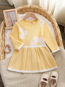 SHEIN Playful Pals 女婴休闲可爱黄色碎花褶皱针织连衣裙，柔软舒适，适合日常、户外、旅行、度假、居家、托儿所、秋冬季、圣诞节、返校、派对等场合，百搭实用。 - 黃色 - 查看 7
