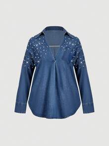 Selenza Women's Rhinestone Embellished Long Sleeve Denim Blouse