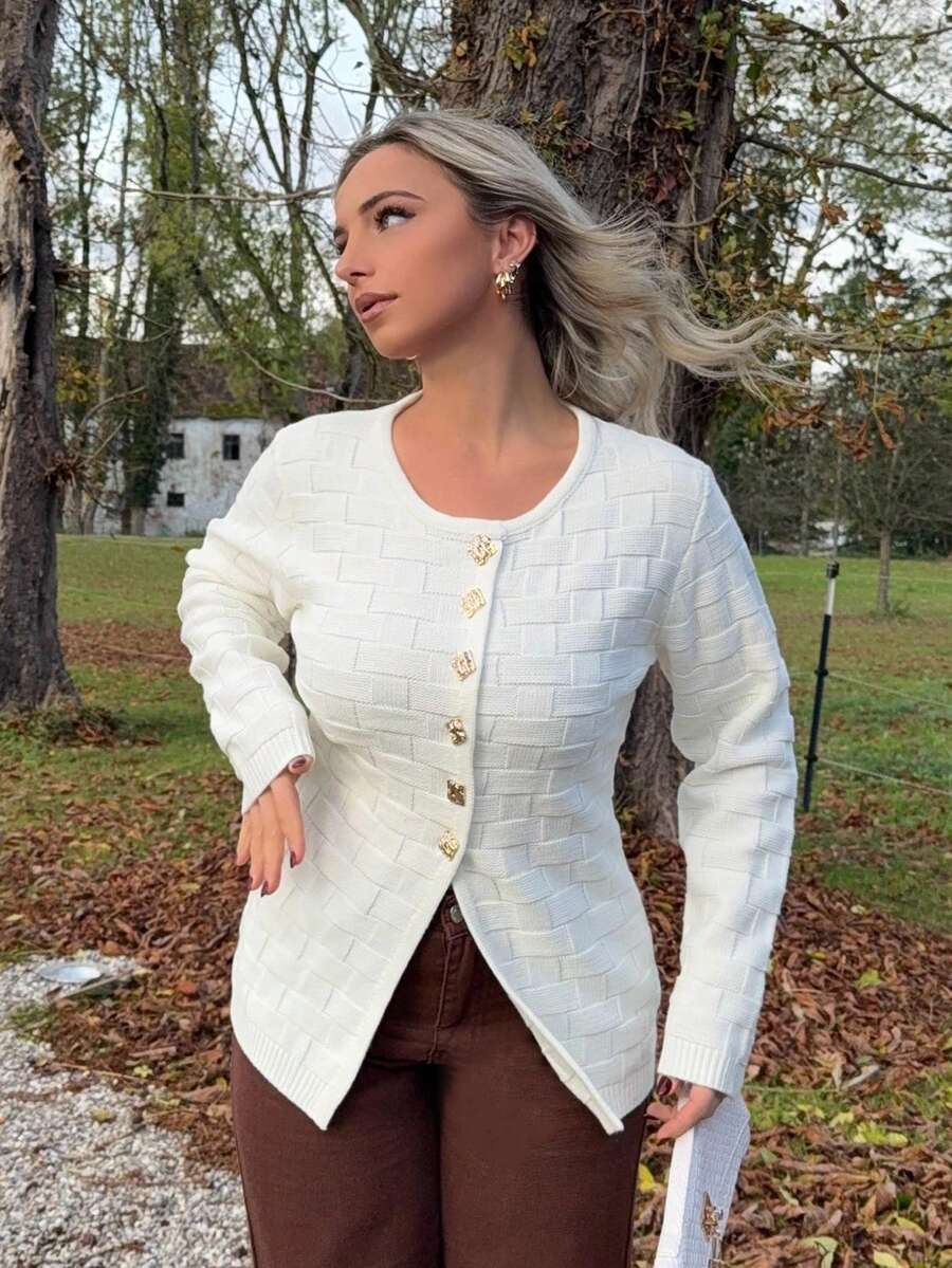 Jeta Ari V-Neck Long Sleeve French Style Cinched Waist Single Breasted Knit Cardigan - Apricot - View 1