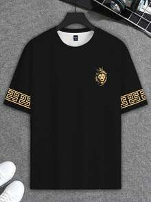Manfinity Roughcore 加大码男士时尚霸气狮子图案印花短袖T恤，休闲百搭，简约时尚，送给男友或家人的绝佳礼物 - 彩色 - 查看 5