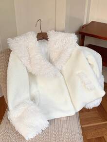 SHEIN EZwear 女式蓬松白色长袖宽松夹克，秋冬 - 白色 - 查看 6