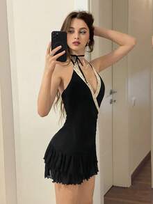 Sweetina Váy lưới ren tương phản không tay màu đen thanh lịch theo phong cách miền Tây Boho Country Concert mùa hè - màu đen - Xem 4