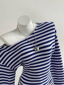 Elamini Blue & White Striped Knit Textured Fabric Asymmetric Shoulder Collar Dropped Shoulder Long Sleeve Cinched Waist Bodycon Mini Dress, Women Autumn/Winter Fashion, Suitable For Commute, Office, Elegant, School, Party, Date, Everyday Wear, Versatile - Multicolor - View 5