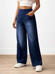 Flexra Quần Jeans Ống Rộng Túi Cạp Cao Cho Nữ Kiểu Dáng Thường Ngày Đa Năng - Rửa tối - Xem 5