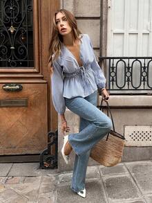 SHEIN Frenchy Women's Deep V-Neck Tie Waist Striped Lantern Sleeve Sexy BlouseNew Year , Party, Christmas Winter Blue - Blue - View 5