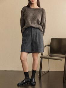 Dazy-Less 女士宽松休闲商务羊毛混纺短裤，秋冬款 - 灰色 - 查看 3