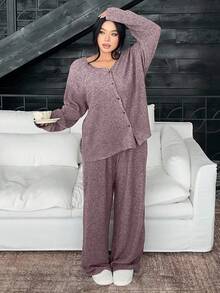 Dazy Plus 2 Stücke Große Größen Damen Dicke Fleece V-Ausschnitt Locker Top und Hose Pyjama Set, modische Hauskleidung für Herbst/Winter - Mauve - Übersicht 4