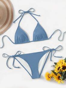 SHEIN Swim 2pcs Women's Solid Color Halter Tie Sexy Bikini Swimsuit Set, Summer Beach - Dusty Blue - View 3