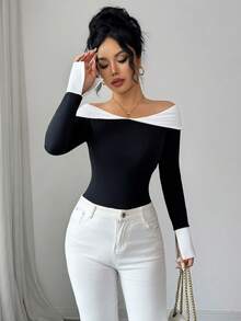 Elenzga 女士撞色露肩长袖修身衬衫，袖口开衩，适合秋季和新年穿着 - 黑與白 - 查看 7