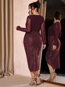 Allurite Figurbetontes Kleid für Damen in Große Größen mit V-Ausschnitt und Langarm, vielseitig einsetzbar, schlankend und verlängernd, geeignet für den täglichen Gebrauch und luxuriöse Partys - Bordeaux - Übersicht 2