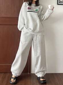 DAZY 冬季休闲字母印花抓绒宽松卫衣裤家居服套装，秋冬服装，舒适保暖。