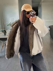 DAZY 女士拼接毛领宽松长袖连帽休闲街头风羽绒服，秋冬款 - 杏色 - 查看 4