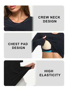 Eassivo Eassivo 女式纯色圆领长袖休闲健身运动T恤 - 黑色 - 查看 3