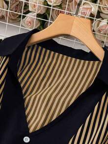 SHEIN LUNE 大码女式条纹卷袖纽扣设计休闲宽松衬衫 - 摩卡棕 - 查看 3