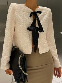 Livesso 女士优雅纹理开衫衬衫，撞色蝴蝶结设计，适合新年、圣诞节、婚礼、派对、舞会、春秋冬季女式外套 - 米色 - 查看 5