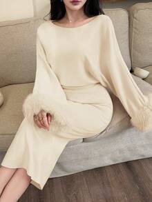 Feyla Robe pull en tricot élégante extra longue pour femmes, automne/hiver - Nude - Voir 5