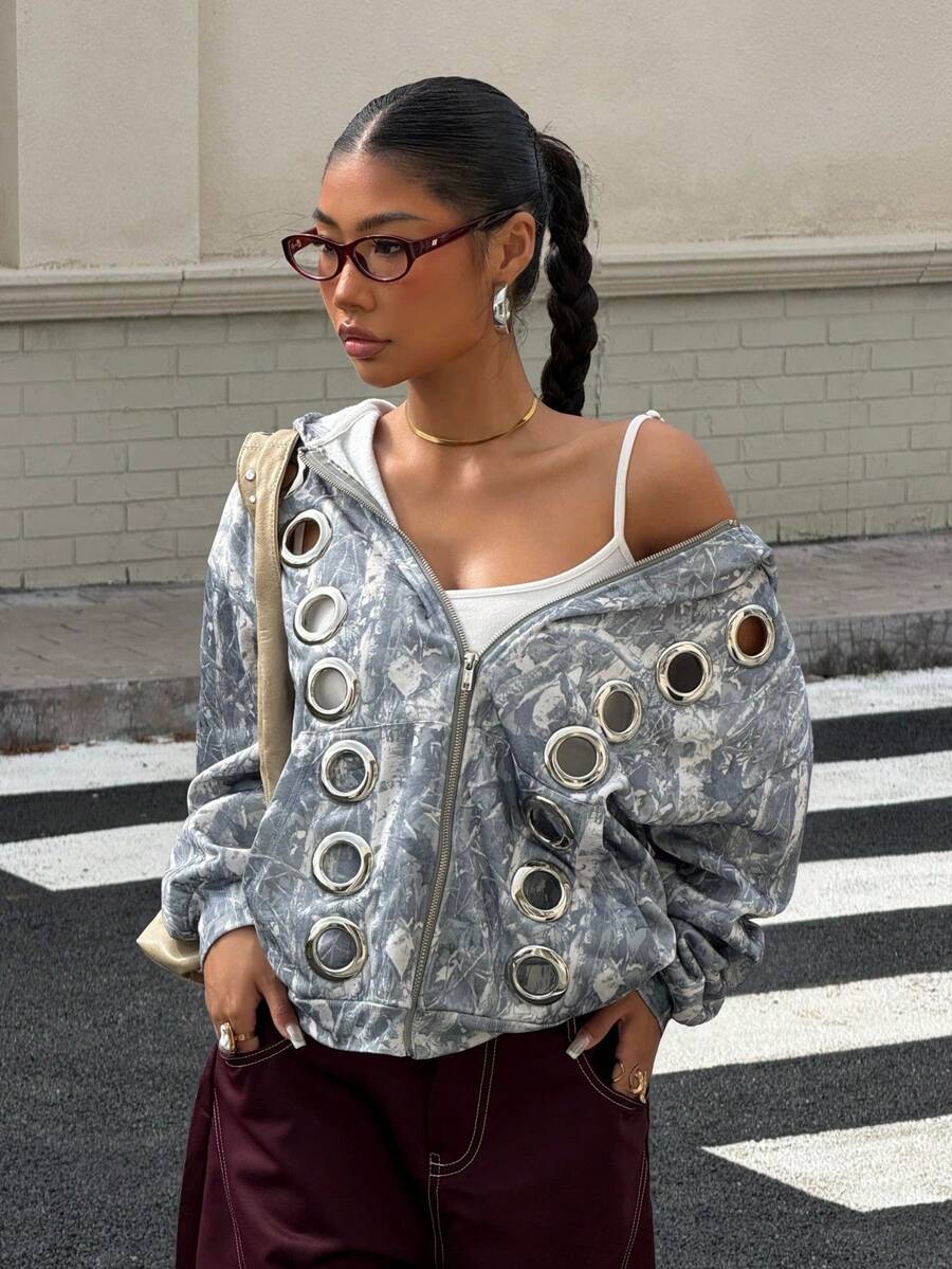 Muchica Printed Knit Hooded Women's Metal Eyelet Zip-Up Long Sleeve Sweatshirt - Multicolor - View 1