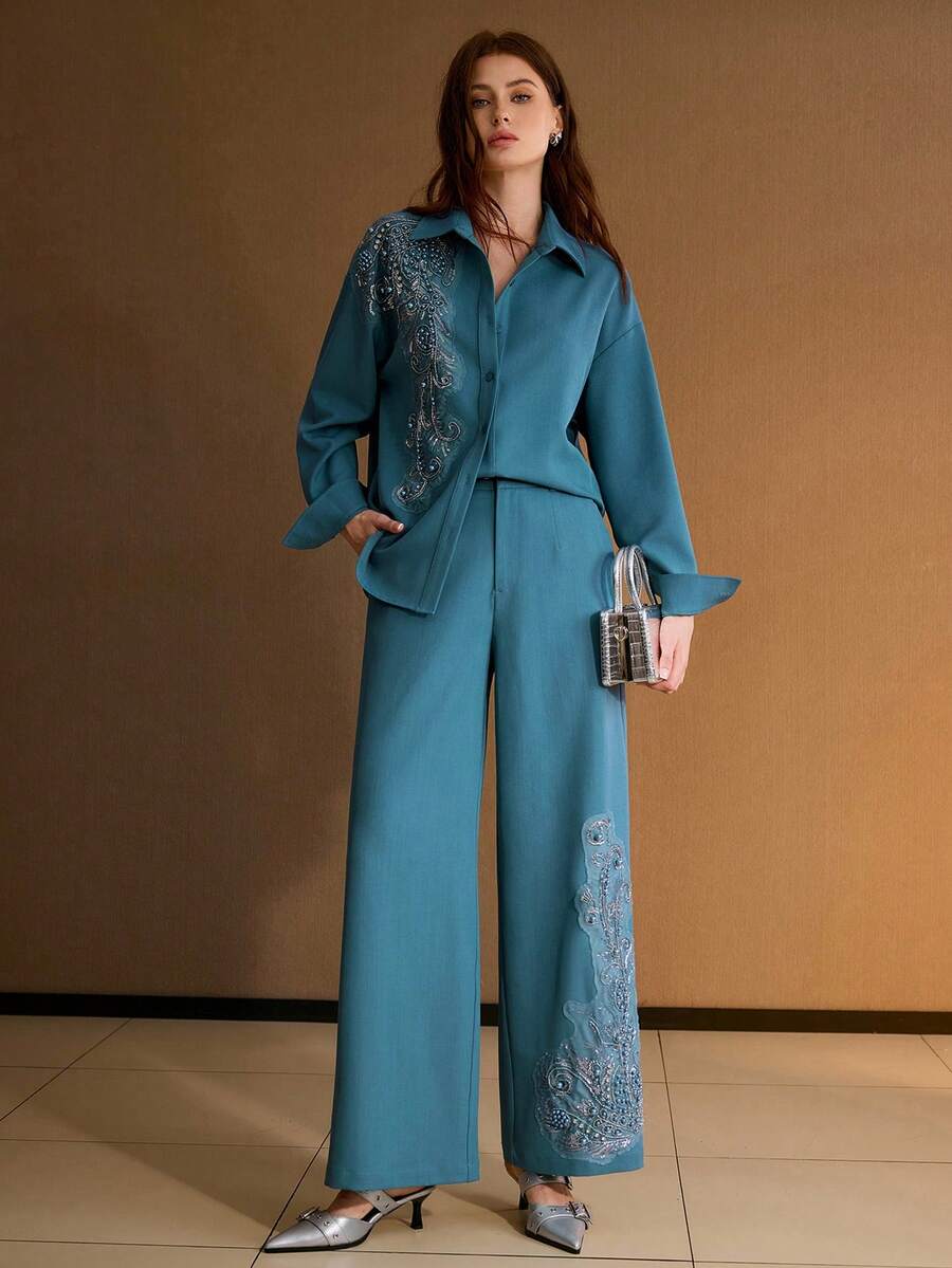 MOTF PREMIUM Bộ 2 áo blouse và quần đính hoa thanh lịch dành cho nữ - Màu xanh lam - Xem 1