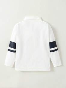 SHEIN Casuvi Kids Tween Boy Casual Minimalist Embroidered Collar Long-Sleeve Polo Shirt With Sleeve Print - Autumn New Arrival Top, Suitable For Spring & Autumn, Ideal For School, Gatherings, Outings, Sports And Other Occasions - White - View 2
