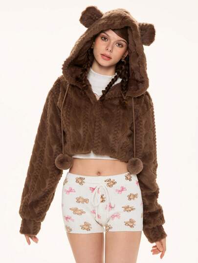 Kawaii Kawaii Cute Bear Ear Hooded Fuzzy Ball Short Jacket