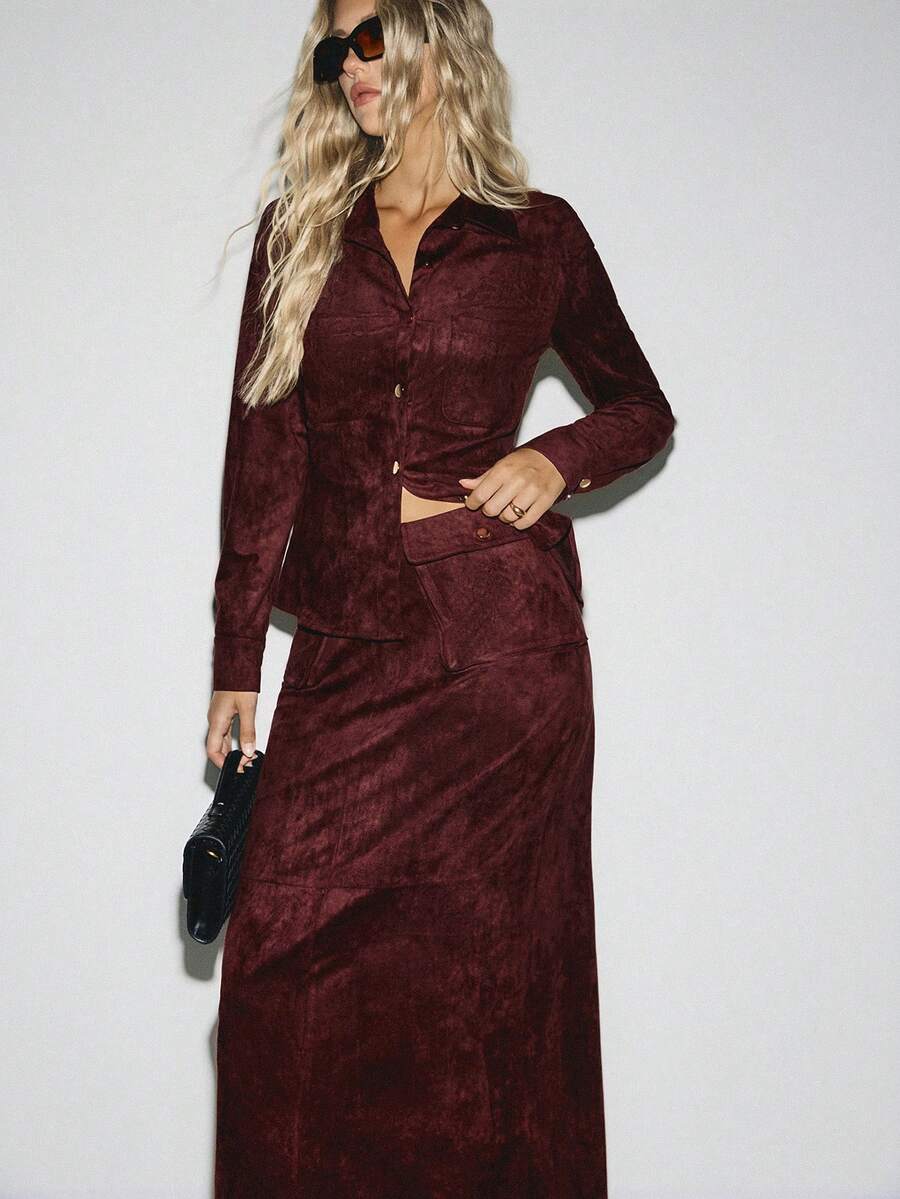 ATUI Studio Women's Long Sleeve Single-Breasted Pocket Top And Fitted Midi Skirt Set Women's Teacher Uniform, Comfortable And Casual Style, Versatile In All Seasons, Daily Wear, Comfortable And Casual, Street Fashion Clothes, Coffee Shop Clothes, Casual Clothes, Suitable For All Seasons Low-Key And Durable Basic Styles, Street Fashion, Coffee Shop Clothes - Burgundy - View 1