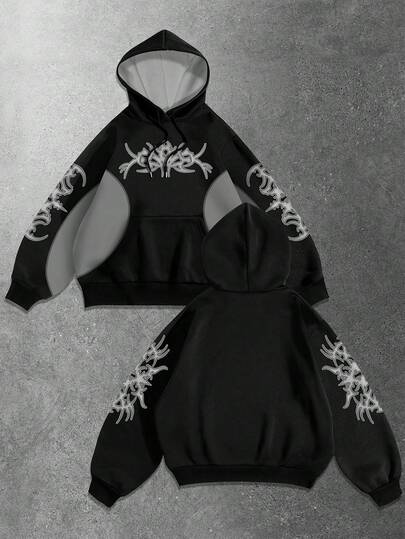 Felpa con cappuccio da uomo con stampa digitale a blocchi di colore grigio e nero