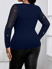 SHEIN Lady 新款优雅感恩节新年亮片棕色上衣，春夏秋冬优雅针织圆领长袖撞色网眼T恤 - 藏蓝色 - 查看 2