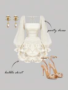 SHEIN MOD Women's Apricot Fitted Ruched Bubble Hem Organza Mini Dress, Wedding Guest Dress, Birthday Country Concert Party Dress Brunch Outfits,Classy Outfits,Tea Party Dress, Puff Sleeve Dress, Corset Dress, For Going Out