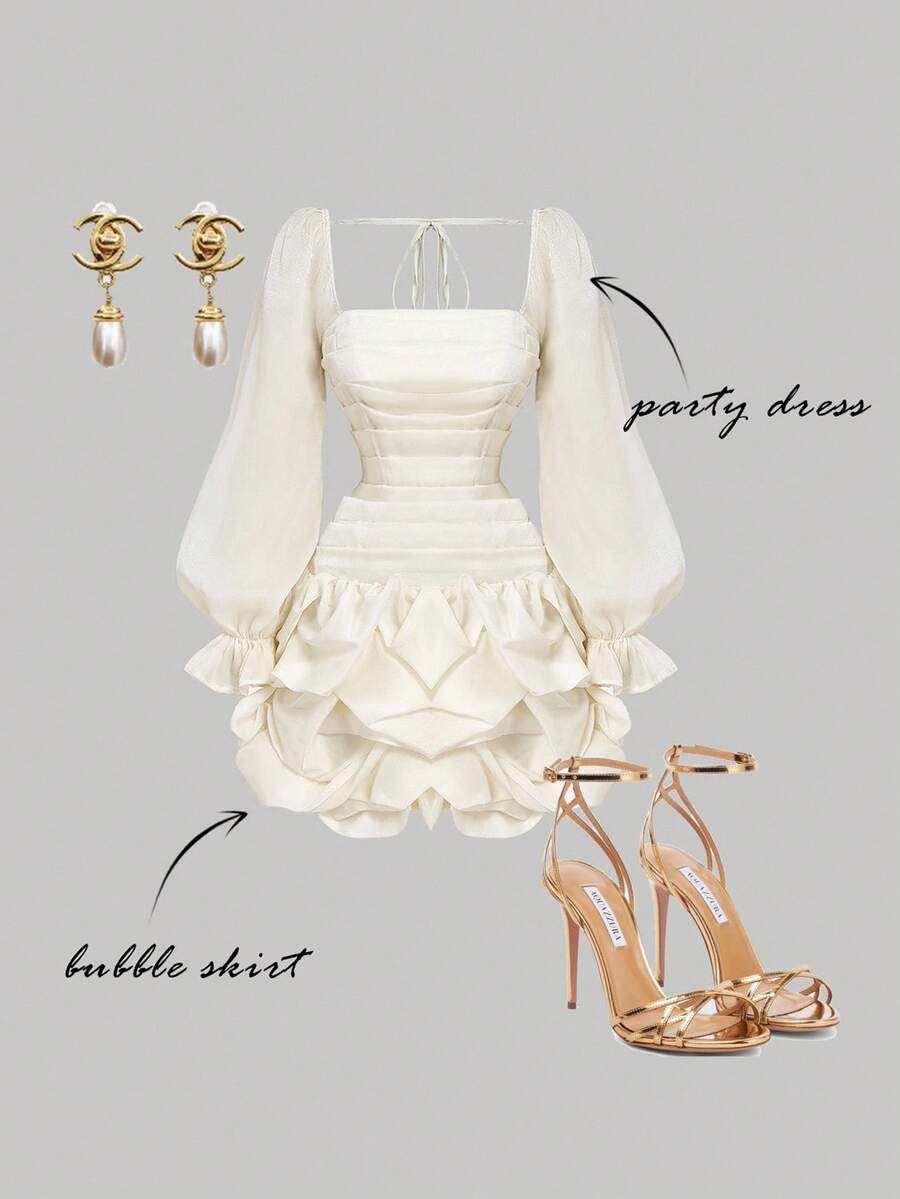 SHEIN MOD Women's Apricot Fitted Ruched Bubble Hem Organza Mini Dress, Wedding Guest Dress, Birthday Country Concert Party Dress Brunch Outfits,Classy Outfits,Tea Party Dress, Puff Sleeve Dress, Corset Dress, For Going Out