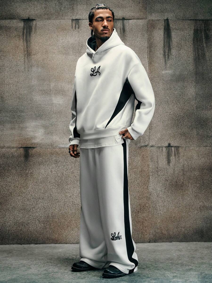 AXEPEAK Men's Contrast Color Patchwork Hoodie And Sweatpants Set - Black and White - View 1