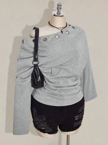 SHEIN ICON 加大码金属孔眼装饰斜肩针织长袖卫衣，Y2K复古时尚宽松斜肩针织卫衣，适合秋冬季穿着 - 灰色 - 查看 8