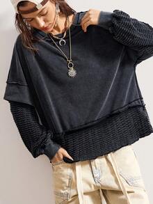 Bohemela 波西米亚风圣诞新年服装拼接二合一休闲纯色针织圆领长袖宽松女式卫衣，冬季 - 黑色 - 查看 5