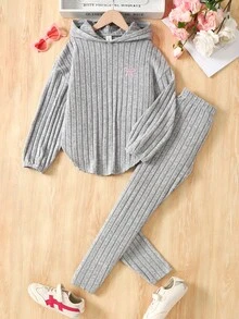 SHEIN 2pcs/Set Tween Girls Ribbed Hoodie Top With Asymmetrical Hem And Leggings - Grey - View 1