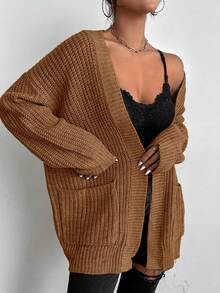 EMERY ROSE Casual Solid Color Front Cardigan With Pockets, Autumn/Winter - Mocha Brown - View 3