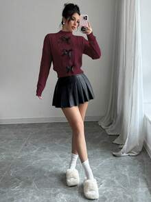 Elenzga 女式法式蝴蝶结针织柔软蓬松长袖毛衣，冬季 - 中紫紅色 - 查看 3