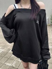 FRIFUL Damen Slogan Muster Off-Shoulder Langarm Lässiges Lose T-Shirt