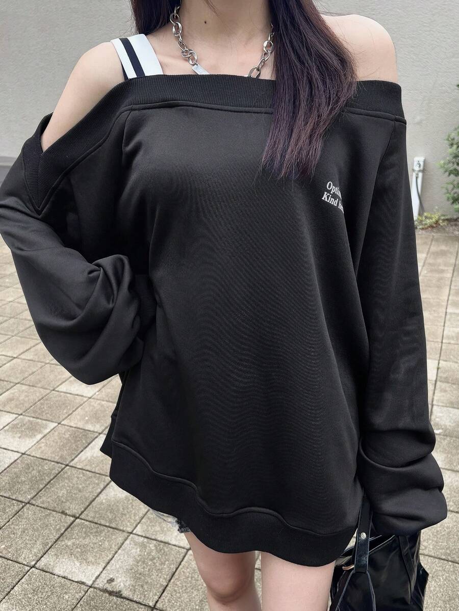 FRIFUL Damen Slogan Muster Off-Shoulder Langarm Lässiges Lose T-Shirt