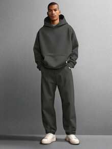 SUMWON 宽松舒适套头连帽衫和配套运动裤两件套，休闲街头风，秋冬季舒适之选 - 深灰色 - 查看 1