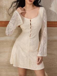 Modelyn Women's Sexy Lace Off Shoulder Cinched Waist A-Line Long Sleeve Dress, Autumn - Apricot - View 1