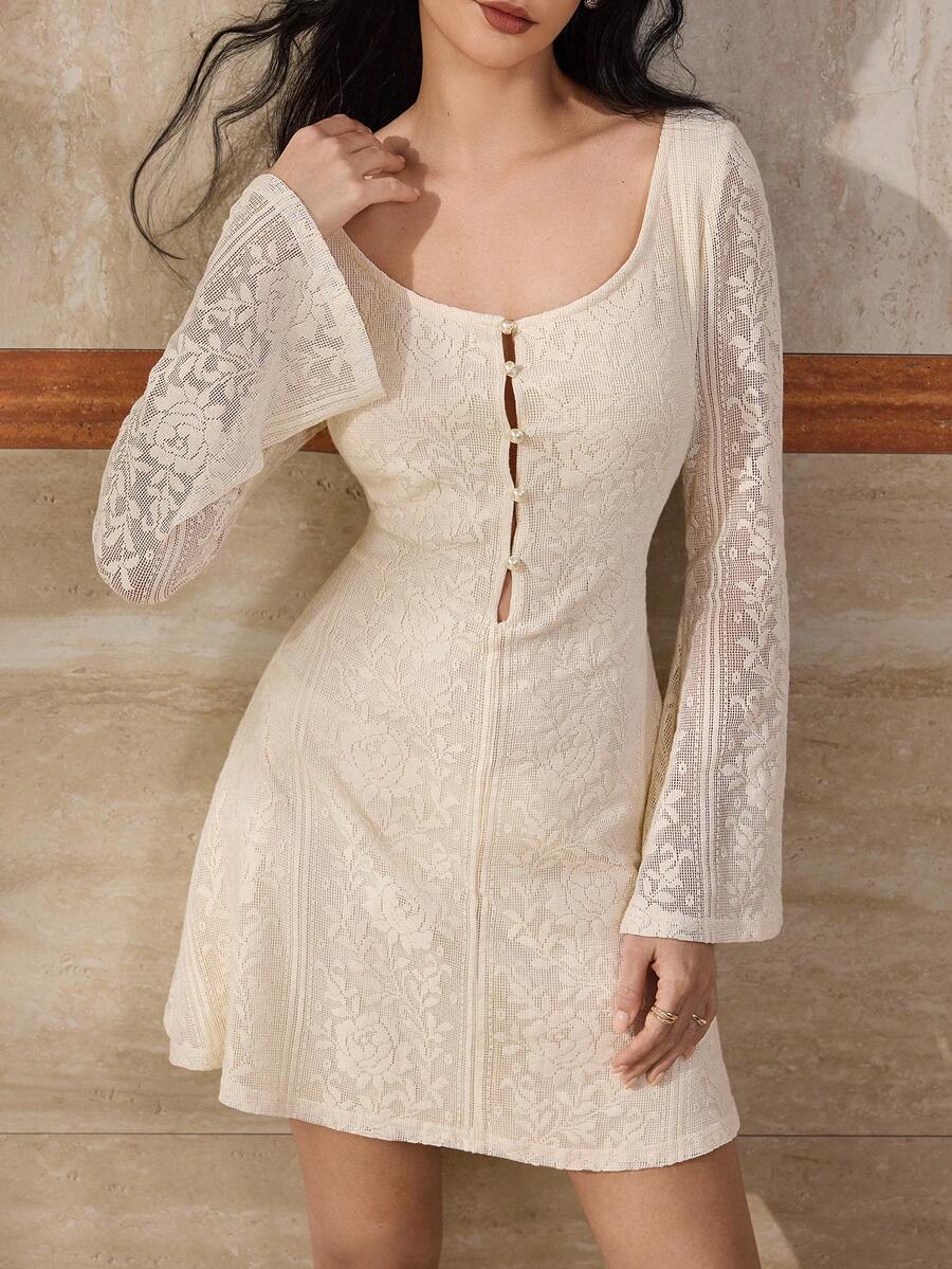 Modelyn Women's Sexy Lace Off Shoulder Cinched Waist A-Line Long Sleeve Dress, Autumn - Apricot - View 1