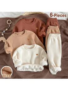 Loomiva Set 6 pcs Baju Pullover Lengan Panjang Leher Bulat Rajut Lembut Warna Polos untuk Bayi Perempuan & Celana Panjang Pinggang Elastis - MultiWarna - View 6