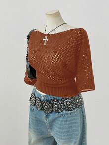 Sweetra Top de Manga Curta Elegante e da Moda Estilo Y2K Escuro para Mulheres Plus Size, Adequada para Uso na Primavera, Verão e Outono, Apropriada para o Dia a Dia - Caramelo - Visão 5